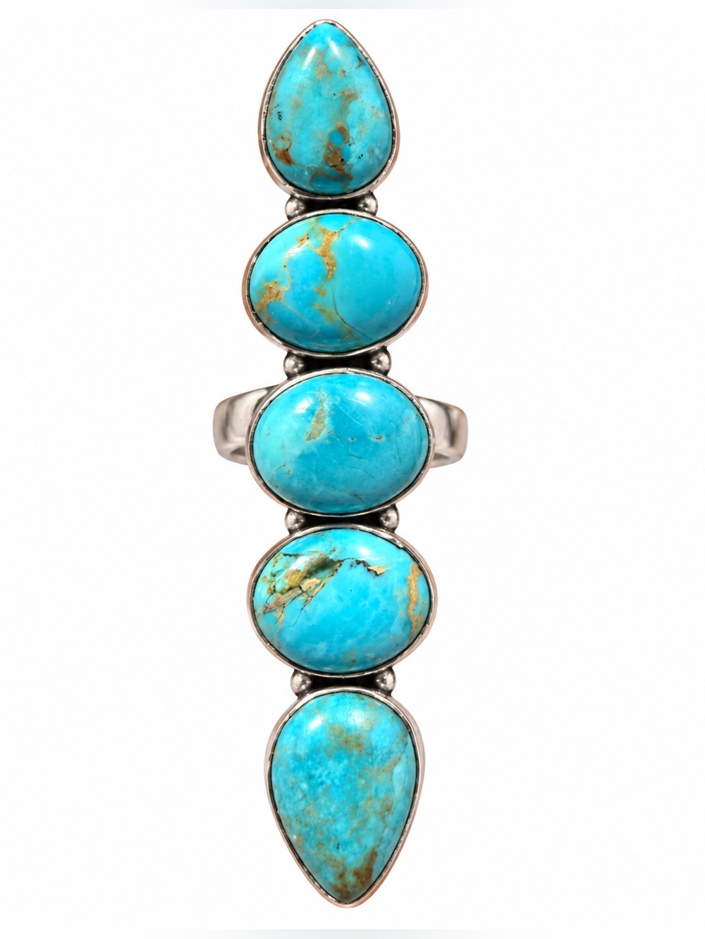 Beautiful 5 stone stack of Kingman Turquoise set in Copper
Size 6 adjustable